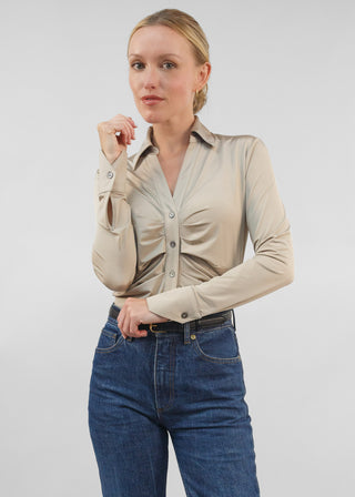 Satin Ruched V-Neck Blouse Champagne