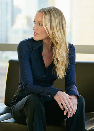 Rib Knit Satin Tailored Button Up | Navy