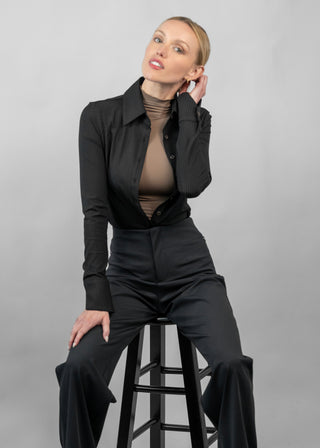 Rib Knit Satin Blouse | Black