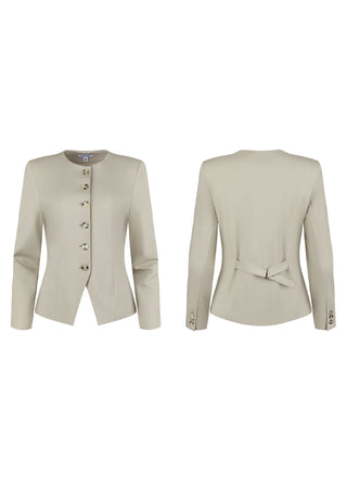 Jewel-Neck Tailored Blazer | Sandstone Micro-Weave