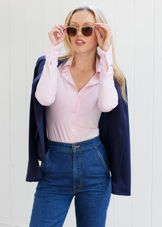Fine Stripe Tailored Button Up | Red and White