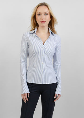 Pencil Stripe Tailored Button Up | Blue and White