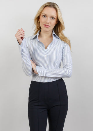 Pencil Stripe Tailored Button Up | Blue and White