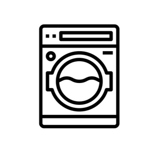 Black line drawing of a washing machine on a white background