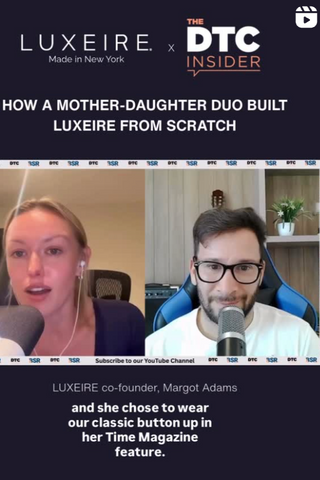 Two people on a video call with Luxeire branding and text about building the brand from scratch.