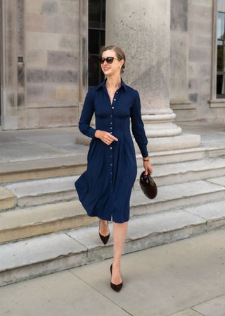 long sleeve fit flare shirt dress | navy