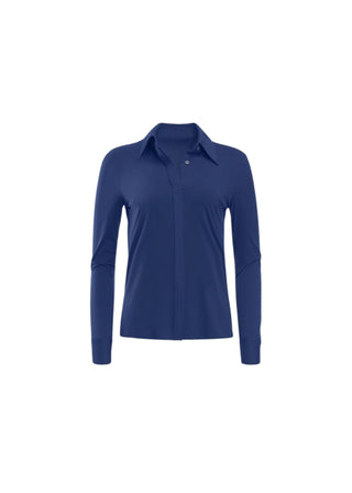 Navy blue long-sleeve shirt on a white background