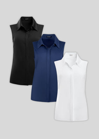Three sleeveless button-up shirts from the "Classic" collection, shown in black, navy blue, and white against a plain gray background.