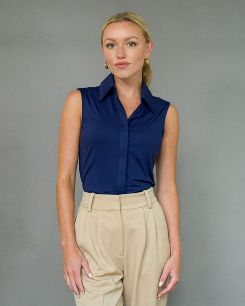 Classic Sleeveless Button Up in the color Navy.