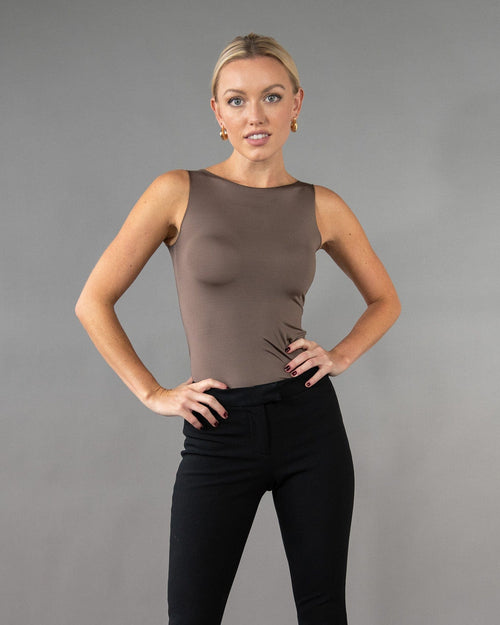 Satin Reversible Scoop Tank in the color Mocha.