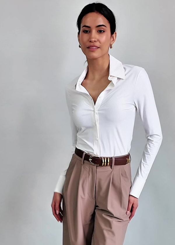 Neutral Pencil Stripe Tailored Button Up