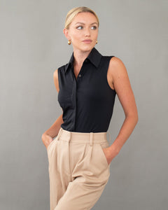 Classic Sleeveless Button Up in the color Black.