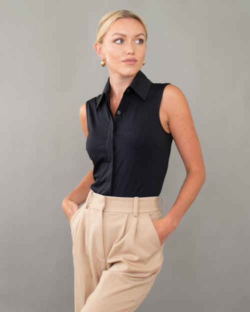 Classic Sleeveless Button Up in the color Black.
